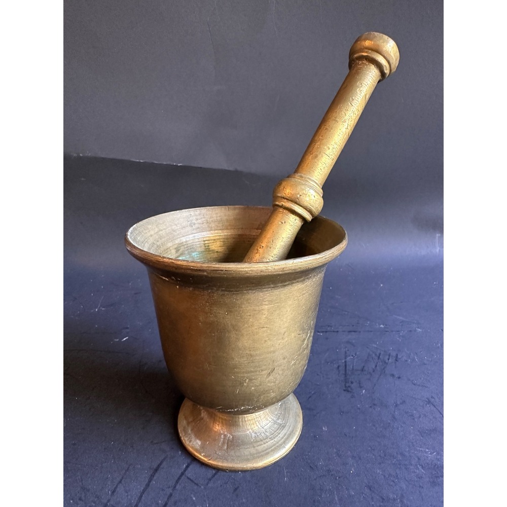 Vintage Solid Brass Mortar and Pestle Set Apothecary Herb Grinder Patina Footed